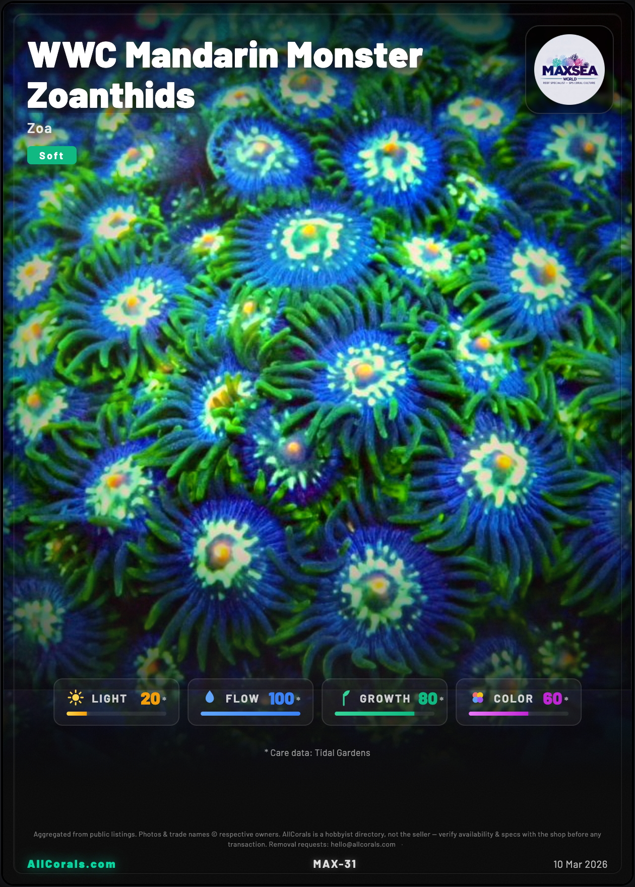 WWC Mandarin Monster Zoanthids trading card